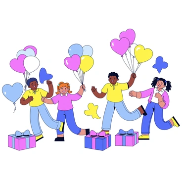A group of children is joyfully playing with colorful balloons in various shapes, including round and heart-shaped. Each child has a large balloon in hand, and some are attempting to keep them in the air while others are laughing and chasing after them. Surrounding the children are beautifully wrapped gifts in vibrant paper with large bows. The setting has an open space with a few trees in the background, and the atmosphere is lively and festive.