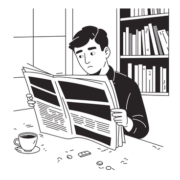 A person sitting at a wooden table is holding a newspaper with several sections blocked out by large black bars. The person has a look of frustration as they squint at the text, trying to decipher the information. A cup of coffee sits on the table next to them, and a faint light shines from a window, casting shadows across the newspaper. In the background, there is a shelf filled with books, hinting at a desire for more knowledge despite the censorship in front of them. The scene captures a contrast between the individual's curiosity and the obstruction of information.