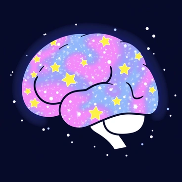 A brain illustrated as a glowing galaxy with swirls of vibrant colors. The surface of the brain features tiny stars scattered throughout, creating a sparkling effect. Cosmic dust is depicted as a soft, glowing haze surrounding the brain, adding depth to the illustration. The overall composition showcases the brain at the center, radiating light in a dark, empty space.