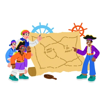A pirate with a tricorn hat and a striped shirt is drawing a treasure map on a piece of aged parchment. The pirate has a focused expression, using a quill to sketch intricate details, including 'X marks the spot' and dotted lines leading to various landmarks. Around the pirate, two teammates are eagerly guessing the word "treasure", one with a patch over one eye and the other with a bandana. They are animatedly pointing at the parchment, with hints of excitement on their faces. The scene is filled with nautical elements such as a compass and an old ship wheel in the background.