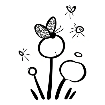 A butterfly with intricately patterned wings is perched delicately on a fluffy dandelion puff. The dandelion puff is full and round, with soft, thin strands extending outward. The butterfly's wings are slightly open, displaying the vibrant patterns, as it prepares to take flight. Several other dandelion puffs are scattered nearby, some fully formed while others are in the process of being blown away by a gentle breeze. The scene is filled with a sense of anticipation and the delicate balance of nature.