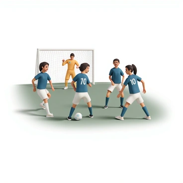 A women's football team, composed of players wearing navy blue jerseys and white shorts, is engaged in an intense match on a green grass field. The players are demonstrating teamwork as they pass the ball between each other. One player, with short brown hair and wearing number 10, is dribbling the ball forward while another player, with long black hair in a ponytail, positions herself to receive the pass. In the background, a goalkeeper is preparing to defend the goal, wearing bright yellow gear. The expressions on the players' faces convey determination and focus as they work together to score a goal.