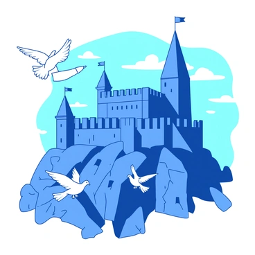 A blue medieval castle stands on a rocky outcrop, its tall towers reaching towards the sky. In the foreground, several white carrier pigeons are seen flying gracefully, each carrying a small rolled-up piece of parchment tied to their legs. The castle's stone walls are intricately detailed, displaying battlements and flags fluttering in the breeze. The background features a clear blue sky with a few wispy clouds, completing the picturesque scene.