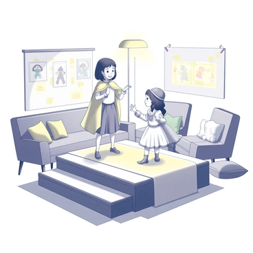 Two sisters are standing on a makeshift stage crafted from a collection of chairs and a large blanket stretched across a table in a living room. The elder sister is wearing a bright costume with a flowing cape, while the younger sister is dressed in a whimsical outfit complete with a hat. They are both animatedly gesturing as they perform, their expressions filled with excitement. The living room is adorned with cushions scattered on the floor, a few stuffed animals watching from the sidelines, and a backdrop of colorful drawings taped to the wall. A warm light source illuminates the scene, creating an inviting atmosphere.