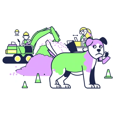 A dog with a tense posture is standing in a construction zone. Its ears are perked up and its eyes are wide, conveying a look of fear. The dog has a short coat with a mix of colors. In the background, heavy machinery, including a large digger and a concrete mixer, operates loudly, surrounded by piles of dirt and gravel. Safety cones are scattered around the area, and there are construction workers wearing hard hats in the distance, focused on their tasks. The overall scene captures the chaotic atmosphere of construction, highlighting the dog's anxious presence amidst the activity.