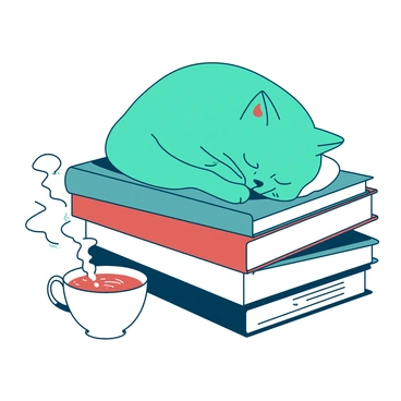 A teal cat is curled up sleepily on top of a stack of white books. The books are neatly arranged, showcasing their colorful spines. Beside the cat, there is a white cup filled with steaming tea, with wisps of steam gently rising into the air. The setting is cozy, and the cat appears to be enjoying a peaceful moment amid the books and tea.