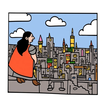 Gilgamesh surveying the grand walls of Uruk from a high viewpoint, showcasing the city.