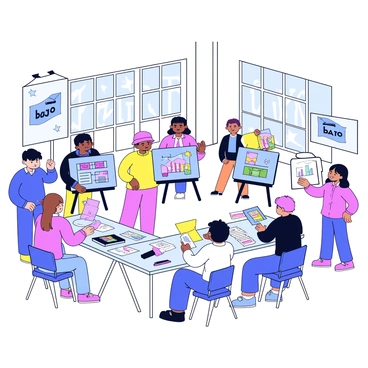 Participants showcasing their illustrations at a design competition in a university.