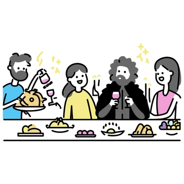 Jon Snow, wearing a dark fur cloak and a simple, dark tunic, is seated at a long wooden table. He has a serious expression while holding a goblet filled with a rich red drink. Around him, various figures are animatedly talking and laughing. To his left, a man with a bushy beard is lifting a turkey leg, while a woman with long braids is pouring wine into a goblet. Several platters of roasted meats and bowls of colorful fruits are spread across the table, alongside loaves of bread. Candlelight from ornate candleholders casts a warm glow over the lively scene.