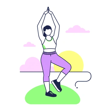 A person is standing on a hilltop at sunrise, performing a stretching exercise to strengthen their pelvic floor muscles. The individual is wearing athletic clothing suitable for exercise, and their hair is pulled back. Their arms are raised overhead, creating a straight line from their fingertips to the ground. The sun is just peeking over the horizon, casting soft light across the scene. In the background, there is a clear sky transitioning from dark to light, with a few wispy clouds. The hilltop is grassy, complementing the active posture of the person.