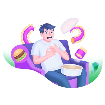 A modern pastel illustration depicting a person clutching their chest with an expression of distress. The individual is sitting on a couch, wearing casual clothing, with an empty takeout container beside them. Surrounding the person are visual representations of blocked arteries, illustrated as red and yellow tubes with thickened walls. There are small icons of unhealthy foods, like a burger and fries, positioned near the blocked arteries. The background features a muted color palette, contributing to the overall atmosphere of the scene.