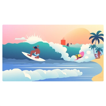 Surfers are skillfully riding massive waves at a beach during sunset. The ocean is a deep blue with frothy white caps on the waves, reflecting the orange and pink hues of the sunset sky. In the foreground, one surfer with dark hair is performing a maneuver on a tall wave, while another surfer with blonde hair is paddling out in the background. The shoreline features soft golden sand, with a few beachgoers watching the surfers. Silhouettes of palm trees are visible against the colorful sky, completing the beach scene.