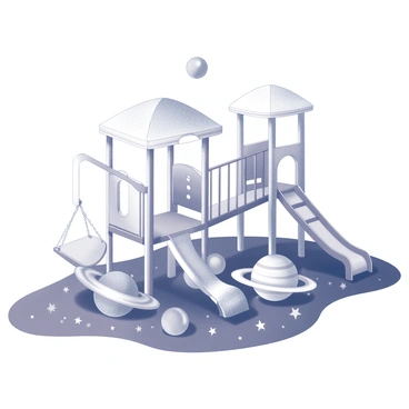 A playground with various play structures designed to resemble planets and stars. The scene features swings shaped like crescent moons and slides formed from spiraling galaxies. Climbing frames exhibit the textured surfaces of different planets, with vibrant rings encircling some. Below, a soft surface mimicking the night sky is visible, dotted with outlines of stars. The overall environment is expansive, showcasing a backdrop of distant planets and twinkling stars.