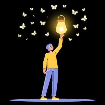 A person standing in a dark environment, holding a glowing lantern high above their head. The lantern emits a warm yellow light, illuminating the area around them. Numerous butterflies with softly glowing bodies in shades of blue and green flutter around the person, creating a magical atmosphere. The person's expression reflects wonder as they gaze at the butterflies dancing in the night sky. The scene captures the enchanting interaction between the person, the lantern, and the glowing butterflies.