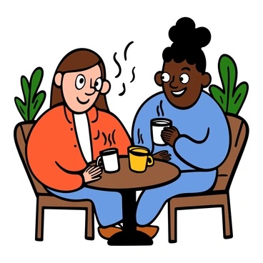 Two friends sitting at a small round table in a cozy café. One friend is a light-skinned woman with big eyes and long brown hair, wearing a red cardigan over a white shirt. The other friend is a dark-skinned man with big eyes and short curly hair, dressed in a blue sweater. They are both smiling and animatedly talking, with steaming mugs of coffee in front of them. The café has warm lighting and wooden accents, with a few plants in the background.