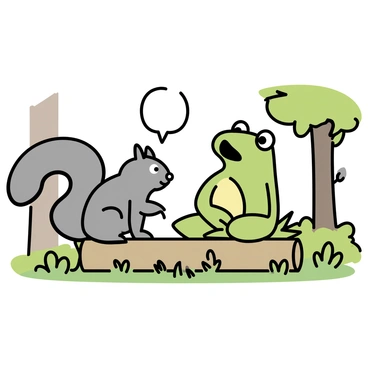 A green frog, with smooth skin and bulging eyes, is sitting on a brown log. Next to the frog, a gray squirrel with a bushy tail is perched. They are engaged in an animated conversation, with the frog's mouth open as if speaking. Surrounding them is a lush green forest, with tall trees in the background and patches of sunlight filtering through the leaves. The ground is carpeted with soft moss and small wildflowers, enhancing the forest clearing's natural beauty.