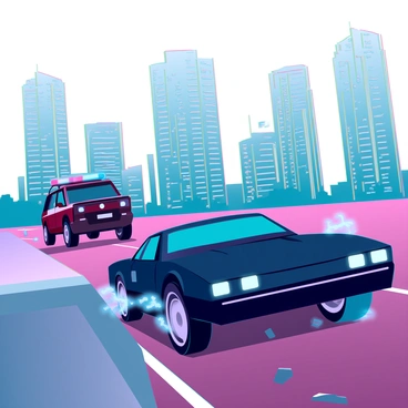 A thrilling car chase culminating in an explosive crash in front of a city skyline