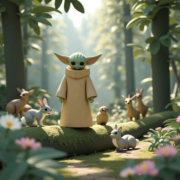 Yoda, the small green alien with large ears, is standing on a moss-covered log in a dense forest. He is wearing his brown robe and has a wise expression on his face. Surrounding him are several curious woodland creatures, including a small brown rabbit with white patches, a fluffy grey squirrel with a bushy tail, and a family of bright-eyed deer peeking from behind the trees. Sunlight filters through the leaves, casting dappled shadows on the forest floor, while vibrant green ferns and colorful wildflowers add to the scene's richness.