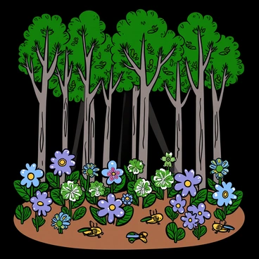 A dense forest with tall, metallic trees that have intricate, robotic branches and leaves. The ground is covered with a variety of robotic flowers that emit a soft glow in vibrant colors like blue, green, and purple. Small robotic creatures, resembling insects and animals, move among the plants, their surfaces reflecting the ambient light. The overall atmosphere is one of a futuristic environment, with beams of soft light filtering through the leaves, creating a magical, glowing effect throughout the scene.