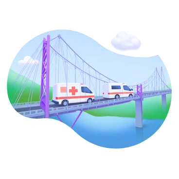 A medical transport van driving across a large suspension bridge. The bridge has towering cables and intricate lattice work, stretching over a wide river below. The river reflects the blue sky, and there are a few fluffy white clouds scattered above. The van is white with a red cross symbol on the side, visibly in motion on the roadway of the bridge. In the background, green hills can be seen framing the scene, adding depth to the landscape.