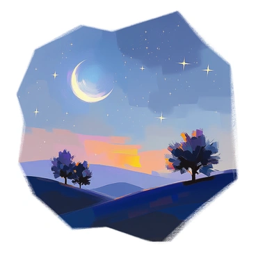 A night scene featuring a soft, dark blue sky illuminated by a "crescent moon" glowing gently. "Stars shaped like diamonds" twinkle brightly throughout the sky, casting a subtle sparkle. Below, a silhouette of rolling hills adds depth to the scene, while a few trees stand quietly against the night sky. The overall atmosphere is tranquil, inviting a sense of calm under the celestial display.