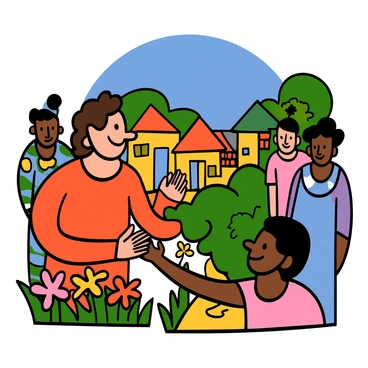 A man with medium skin and curly hair, wearing a simple tunic, gently touches the hand of a leper who has visible patches on his skin. The leper has short hair and a hopeful expression. They are surrounded by a vibrant village setting with colorful houses and lush greenery. In the background, villagers observe with expressions of curiosity and compassion. Bright flowers bloom nearby, and a clear blue sky is visible above, enhancing the warmth of the scene.