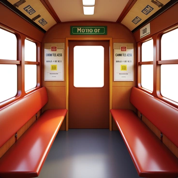 A vintage metro car featuring wooden seats in a rich mahogany finish. The interior displays old-fashioned signs with elegant typography, indicating various metro stops. The walls are adorned with a faded patina, giving a sense of history. Large windows allow natural light to illuminate the space, highlighting the warm tones of the wood and the classic metal fittings throughout the car.