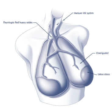 A detailed anatomical illustration showcasing the lymphatic system in relation to the breast anatomy. The image prominently displays the branching lymphatic vessels extending from various lymph nodes located around the breast area. These vessels are depicted in a network connecting to the breast tissue, highlighting the pathways of lymph fluid. The breast itself is shown with a clear representation of lobules and ducts, illustrating their interconnection with the lymphatic system. The surrounding structures, such as the chest wall and skin, are also included to provide context to the overall anatomy. Labels are included to identify key components of the lymphatic system and breast anatomy.
