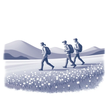 A group of hikers is walking through an expansive field. They are dressed in outdoor attire, carrying backpacks and appearing engaged in conversation. The field is filled with an abundance of wildflowers, creating a vibrant tapestry of floral shapes and textures. In the background, rolling hills rise gently, providing a sense of depth and tranquility to the scene. The sky above is clear, enhancing the open and natural atmosphere of the landscape.