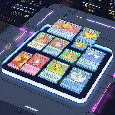A collection of futuristic Pokémon cards displayed in a high-tech environment. The cards feature vibrant holographic images, showcasing various Pokémon in dynamic poses. Some cards are larger, displaying epic legendary Pokémon, while others are smaller, highlighting adorable Pokémon. The cards emit a soft glow, with colorful light reflections illuminating the high-tech surface underneath. Sleek digital interfaces surround the cards, revealing stats and abilities in glowing text. The background includes various advanced technology elements, like screens and circuits, enhancing the modern theme.