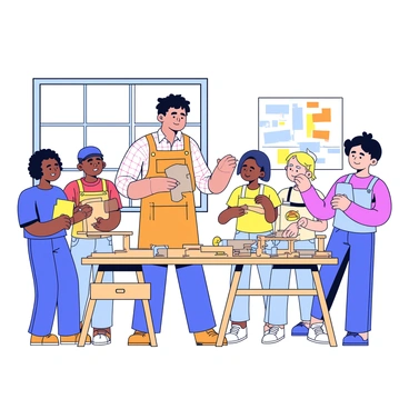 A carpenter stands in a bright workshop surrounded by various woodworking tools and materials. He is demonstrating how to craft a wooden chair, showing beginners the different pieces of wood used for the project. The carpenter, dressed in a checkered shirt and work apron, holds a piece of wood while pointing to a partially assembled chair in front of him. The beginners, a diverse group of young adults, are attentively watching and taking notes on their own workbenches, which are cluttered with tools and wood shavings. Natural light streams through the windows, illuminating the space and highlighting the details of the workshop atmosphere.