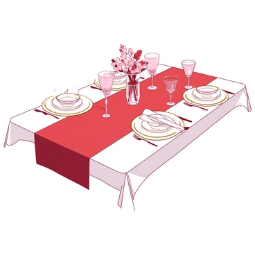 A white dining table is adorned with a soft red chenille table runner that stretches down its center. On the table, there is an arrangement of elegant dinnerware, including white porcelain plates with delicate gold rims. Each plate is neatly positioned, accompanied by shiny silver cutlery. Crystal goblets with a subtle pink tint are placed beside each setting, reflecting soft light. At the center, there is a small floral arrangement in a clear vase, adding a touch of color and texture to the table setup.