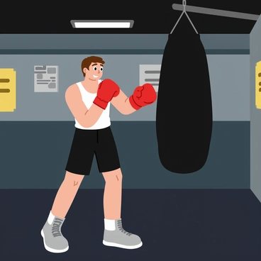 A young amateur boxer wearing red boxing gloves is practicing punches on a black heavy bag. The boxer has a focused expression and is wearing black shorts and a white tank top. The gym environment is dimly lit with shadows cast from overhead lights, enhancing the scene. The heavy bag hangs from a sturdy ceiling mount, slightly swaying with each punch. The floor is made of dark rubber mats, and there are a few motivational posters on the walls of the gym.