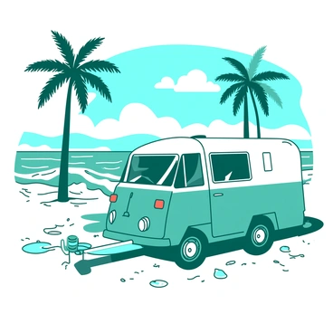 A teal vintage caravan is parked on a sandy beach with gentle waves lapping at the shore. The caravan has a charming exterior with chrome accents and colorful details. In the background, tall palm trees sway gently in the breeze, casting playful shadows on the ground. The sky is clear, and a few fluffy white clouds drift lazily overhead, completing the tranquil scene.