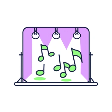 A stage is set with bright spotlights shining down. On the stage, there are several musical notes that have been creatively designed to take the shape of nipples. These notes are animated and appear to be dancing, moving rhythmically to an unheard melody. The background features a simple curtain, while the floor of the stage has a polished appearance, reflecting the lighting above. The scene conveys energy and movement, centered around the unique musical notes in action.