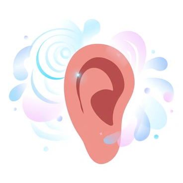 An ear is prominently displayed with a futuristic digital interface overlay extending from its surface. The interface features glowing lines and symbols that represent advanced hearing technology. Surrounding the ear are abstract icons related to sound waves and audio signals, creating a sense of connectivity and innovation. The background consists of gradient pastel colors that enhance the modern and technological feel of the image.