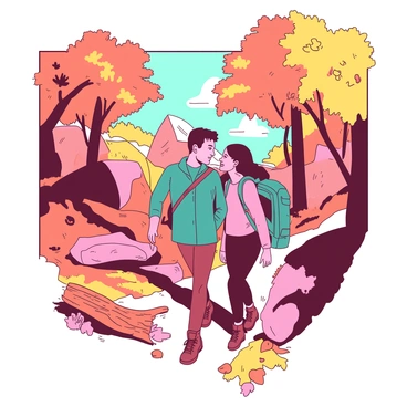 A couple is hiking along a narrow forest trail. The man is wearing a teal jacket and the woman is dressed in a pink sweater. They are both wearing sturdy hiking boots. Surrounding them is vibrant foliage, with trees displaying leaves in shades of orange and yellow typical of September. Sunlight filters through the canopy, casting soft shadows on the ground. In the background, there are a few boulders partially covered in moss, and a fallen log adds texture to the trail. The couple is smiling and engaged in conversation as they enjoy their hike.