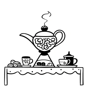 A large, ornate samovar with intricate engravings sits prominently on a wooden table. Surrounding the samovar are delicate porcelain cups, each featuring unique floral patterns. A tray holds a selection of sugar cubes and a small dish of honey, complementing the tea setup. Steam rises gently from the spout of the samovar, creating an atmosphere of warmth. On the table, there are also traditional snacks, such as freshly baked pastries arranged neatly. The setting is cozy, with subtle textures on the tablecloth, enhancing the inviting appearance of the scene.