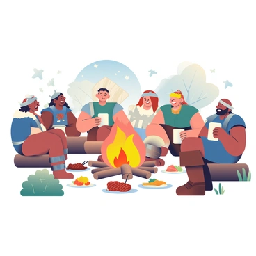 A group of Vikings with various skin tones and braided hair are gathered around a large bonfire in the center of the image. They are wearing traditional Viking attire, including fur cloaks and metal armors. Some Vikings are sitting on wooden logs, while others stand, holding mugs. The fire illuminates their faces with a warm glow, highlighting expressions of joy and camaraderie. Roasted meats are skewered over the flames, and plates of food are scattered on the ground. In the background, there are wooden shields propped against trees and a starry night sky visible overhead. The atmosphere is lively, with some Vikings laughing and others sharing stories of their recent raid.