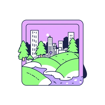 A large rectangular frame is placed prominently in the center of the image. Inside this larger frame, there is a smaller rectangular frame nested within it. The smaller frame features a detailed scene of a peaceful forest with green trees, soft hills, and a small stream flowing through it. In contrast, the larger frame displays a bustling cityscape at dusk, with tall buildings, streetlights, and moving vehicles. The sky in the city scene transitions into shades of purple as daylight fades. Each frame is intricately outlined, enhancing the surreal quality of the composition.