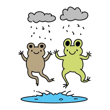 A frog and a toad are dancing together in the rain. The frog is bright green with large, bulging eyes, and the toad is a shade of brown with bumpy skin. They are standing on a small puddle, splashing water around. The sky above them is filled with gray clouds, and raindrops are falling down, creating ripples in the puddle. Both the frog and the toad have wide smiles on their faces, expressing joy as they leap and sway in unison.