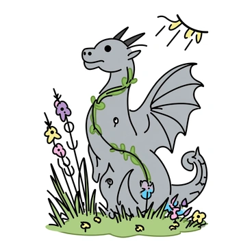 A stone statue of a mythical creature, resembling a dragon, stands in the center of an overgrown garden. The creature has intricate details carved into its scales and wings. It is partially covered with green vines, which twist around its neck and down its body. Surrounding the statue are tall grasses and wildflowers in a variety of colors. Sunlight filters through the leaves of nearby trees, casting dappled shadows on the statue and the ground around it.