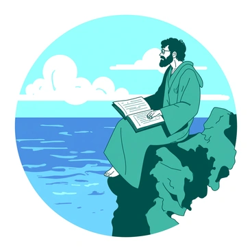 A teal philosopher scholar wearing a long flowing robe sits calmly on the edge of a cliff, gazing thoughtfully into the distance. The scholar has a beard and glasses, and a large book rests on their lap, open to a page filled with notes. The cliff is surrounded by rugged rocks, and below, a vast expanse of blue ocean sparkles under the sunlight. In the background, fluffy white clouds drift across a bright sky. A gentle breeze ruffles the scholar’s robe, adding a sense of tranquility to the scene.