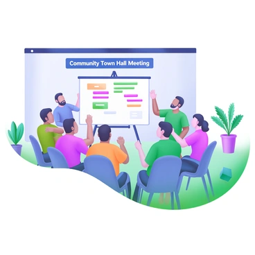 A modern pastel illustration depicting a "Community Town Hall Meeting" in a spacious room. In the center, several citizens, including a diverse group of men and women of various ages and ethnicities, are seated in a circle, actively engaging in a lively discussion. Some are raising their hands to speak, while others listen attentively. A large whiteboard stands at the front of the room, displaying key points from the discussion in colorful markers. Chairs are arranged neatly, and there are potted plants in the corners of the room, adding a touch of greenery to the environment. A banner reading "Community Town Hall Meeting" hangs above the participants.