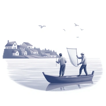 Fishermen are standing on a small wooden boat, each one holding a net as they prepare to cast it into the water. The ocean is calm and stretches out to the horizon, where it meets the sky. In the background, there is a coastal village with several quaint houses, their roofs visible above the tree line. Seagulls can be seen flying above the water, and gentle waves ripple across the surface of the ocean.