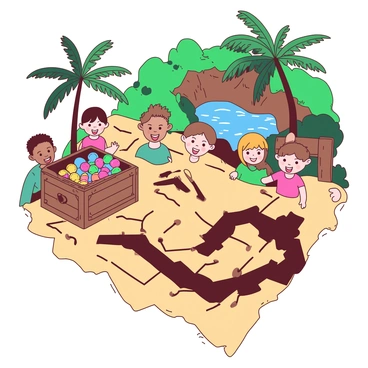 A duotone illustration features a treasure map with intricate details, including a winding path marked by bold lines. The map is set against a backdrop of vibrant colors. In the background, there is a hidden cove with lush green foliage surrounding it. Along the path, there are various markers like palm trees and rocks. In the cove, a group of children, diverse in appearance, joyfully discovers a large wooden chest overflowing with dazzling colorful gems. The gems sparkle under the sunlight, creating a captivating scene of excitement and adventure.
