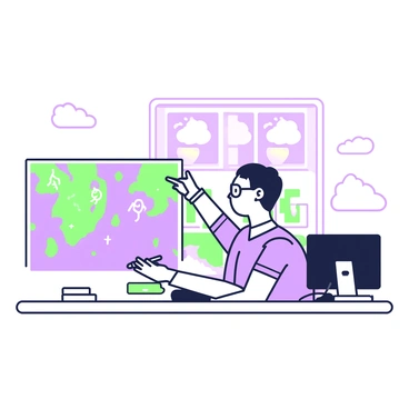 A meteorologist is seated at a desk, examining an illustrated weather report. The report features various storm patterns depicted in detail. To the left, there is a large, colorful map showing areas of high and low pressure, with arrows indicating wind directions. In the center, a graphic displays swirling storm systems in different shapes. The meteorologist, wearing a blue shirt and glasses, points at the map with a pen, while a computer monitor on the right side shows additional data. A window behind the meteorologist reveals a cloudy sky.