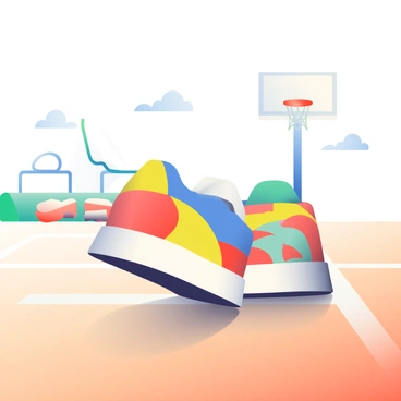 A pair of colorful sneakers with vibrant blue, yellow, and red patterns is positioned on a polished wooden gym floor. The sneakers are slightly turned inward as if mid-stride, showing the white soles that reflect light. A faint sound wave emanates from the shoes, indicating the squeaking noise they make against the smooth surface. In the background, there are blurred outlines of gym equipment, such as a basketball hoop and weights, enhancing the athletic environment. The lighting is bright and enhances the shiny finish of the floor.