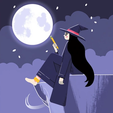 A witch with long flowing black hair wearing a dark purple robe sits on the edge of a rugged cliff. The cliff is made of gray stone, and the background features a starry night sky. The witch gazes thoughtfully at a large, glowing full moon that illuminates the scene with a soft silver light. Her pointed hat rests slightly askew, and a wand is held loosely in one hand. Wisps of mist curl around her feet, adding a magical atmosphere to the setting.