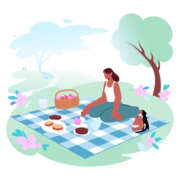 A person is sitting on a checkered picnic blanket spread out on the grass in a park. The blanket is adorned with an assortment of food items, including a sandwich, fruit, and a beverage. Nearby, a wicker basket rests, partially open, revealing more delights for the picnic. The park is filled with trees that provide shade, and vibrant flowers are blooming all around. A gentle breeze rustles the leaves, completing the tranquil atmosphere. In the background, a few distant park-goers can be seen walking along a path.